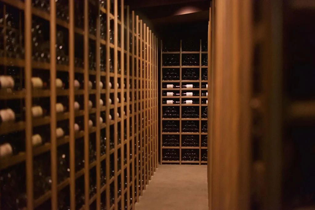 Elegant wine cellar display with rows of wine bottles.